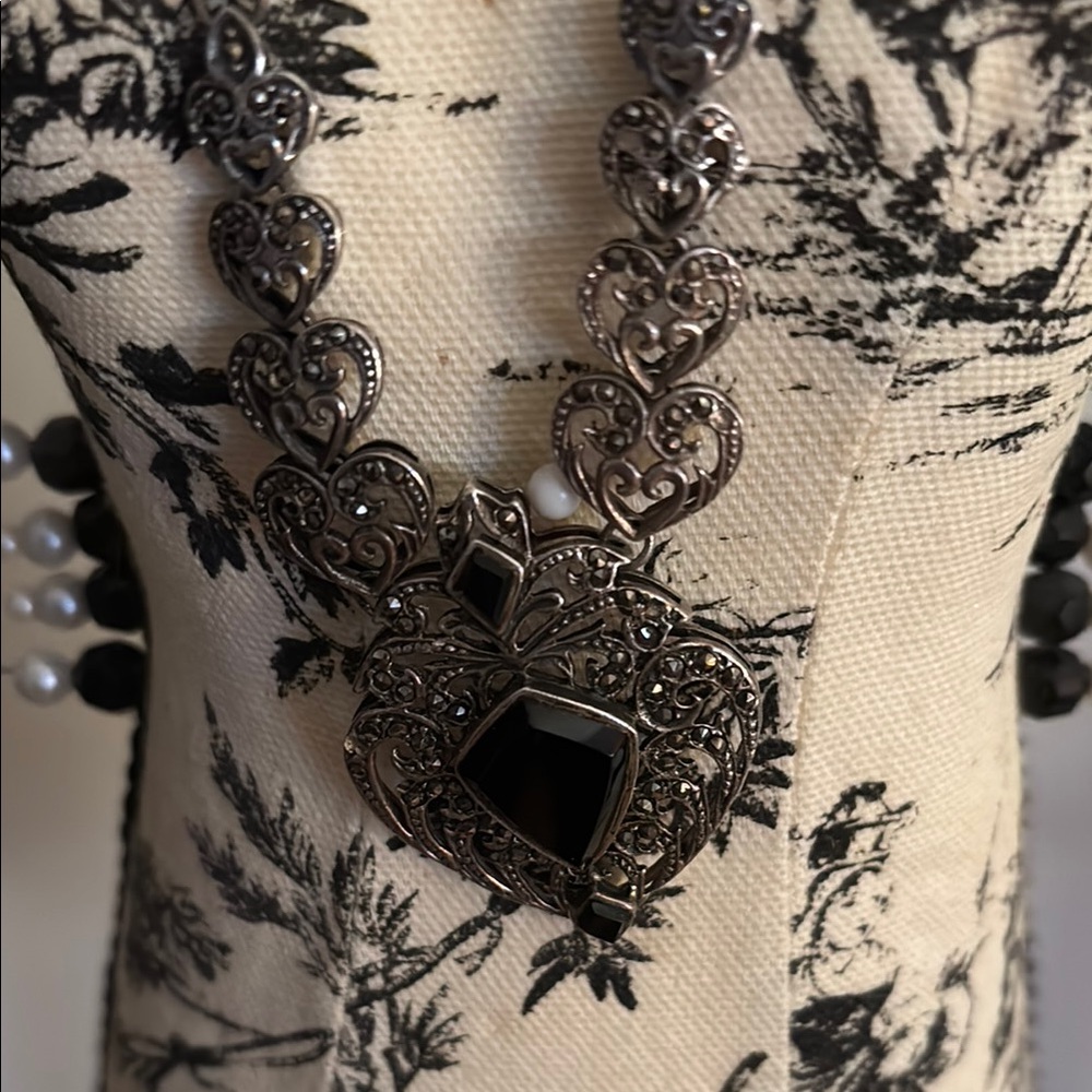 Intricate Black and Silver Necklace with Ornate Design marcasite and black onyx